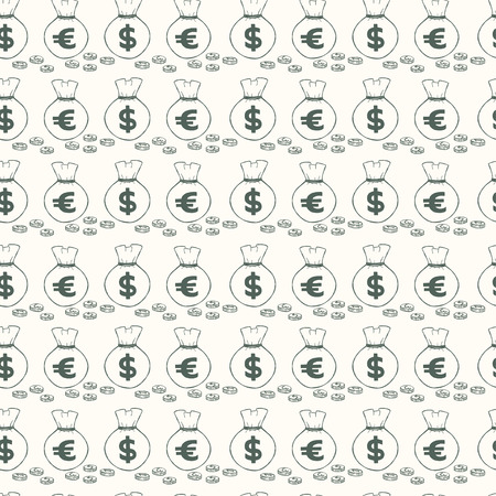 Seamless pattern with money hand sketched coins and money bags with dollar and euro signs on them. Tiling financial backdrop.のイラスト素材