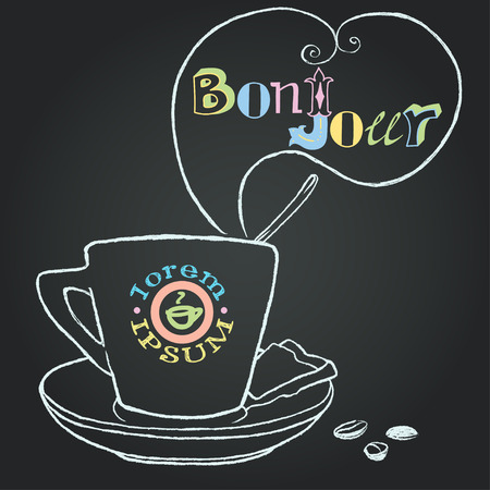 Hand drawn cup of coffee with a spoon in it on the blackboard background with speech bubble for your text. Chalk drawing with hand drawn lettering and company label template.のイラスト素材