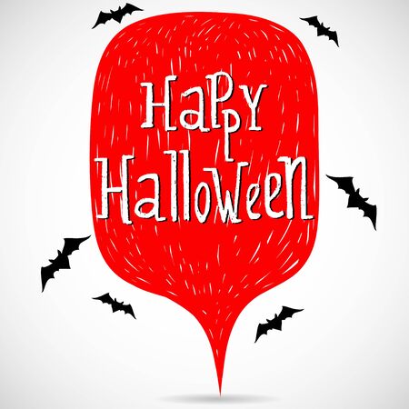 Hand drawn comic speech bubble with Happy Halloween lettering and bat silhouettes on white background.のイラスト素材