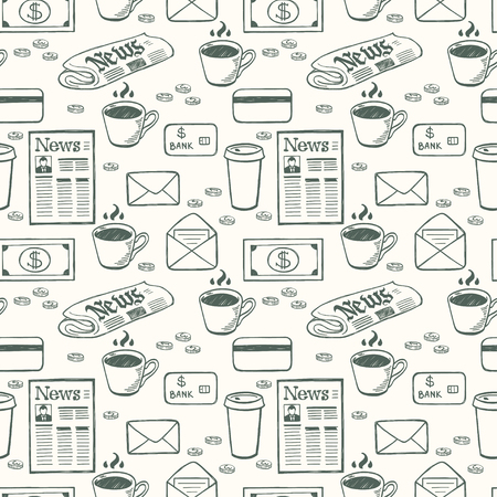 Business seamless pattern with hand drawn doodle money, coffee cups, newspapers, letters and credit cards.のイラスト素材