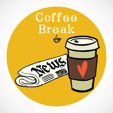 Coffee break hand drawn sketchy illustration. Coffee and newspapper icon isolated on colorful bright circle.のイラスト素材
