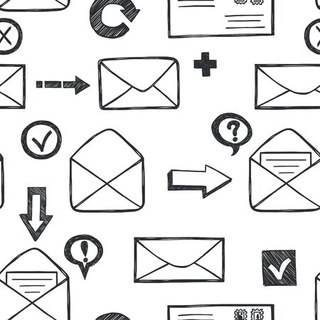 Seamless pattern with hand drawn sketchy mails and other symbols.のイラスト素材