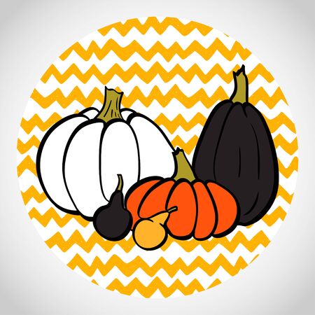 Hand drawn halloween colorful pumpkins in circle. Doodle chevron background.のイラスト素材