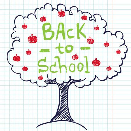 Hand drawn doodle tree with apples and place for a text on squared notebook paper background. Back to school hand written lettering.のイラスト素材