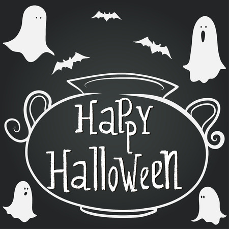 Halloween hand drawn frame in shape of witch cauldron with hand written Happy Halloween lettering. Set of doodle ghosts, bats and cauldron on chalkboard background.のイラスト素材