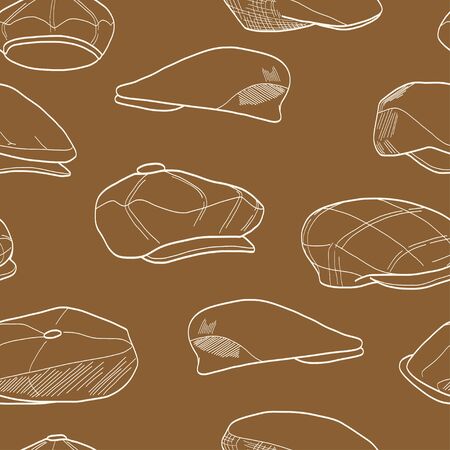 Seamless pattern with hand drawn men's tweed caps. Fashionable cartoon hats tiling background.のイラスト素材