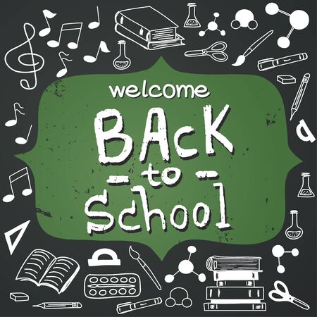 Hand drawn back to school doodles with school stationary. Design elements, hand drawn lettering and figure frame for the text on chalkboard background.のイラスト素材