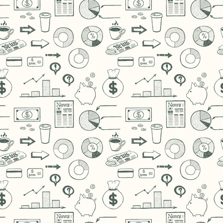 Seamless pattern with hand drawn business symbols. Tiling background with doodle business icons.のイラスト素材