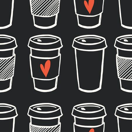 Seamless pattern with hand drawn doodle cups of coffee to go on chalkboard background. Cartoon morning coffee tiling pattern.のイラスト素材