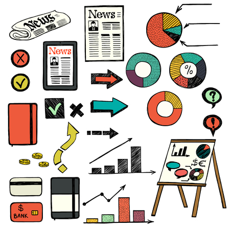 Set of hand drawn colorful doodle business icons isolated on white background.のイラスト素材