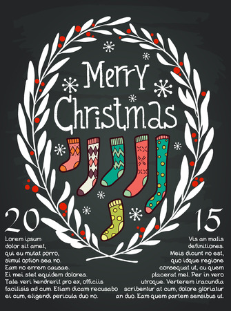 Christmas laurel frame with hand drawn colorful doodle socks and lettering on chalkboard background. Xmas or new year invitation and greeting card or poster template.のイラスト素材