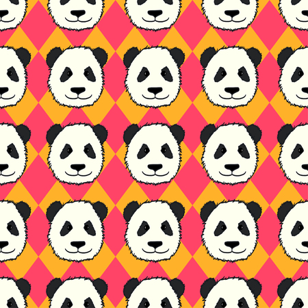 Seamless pattern with cute hand drawn panda' heads. Animal tiling background.のイラスト素材