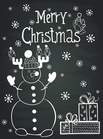 Invitation or greeting card template with hand drawn funny cartoon snowman, presents and hand drawn lettering. Cute winter poster on chalkboard background.のイラスト素材