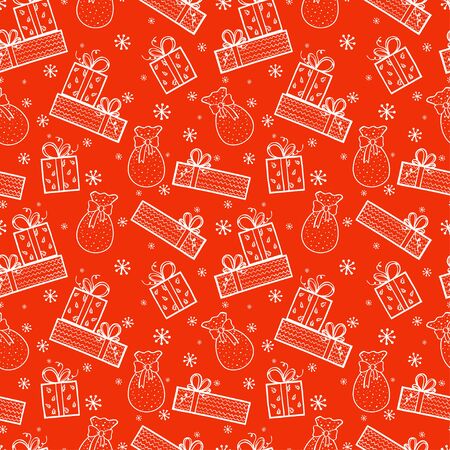 Winter holiday seamless pattern with doodle hand drawn presents and snowflakes. Christmas tiling background.のイラスト素材