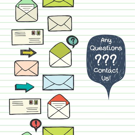 Seamless pattern with hand drawn sketchy letters, envelopes and other mail symbols on lined paper. Doodle tiling background and speech bubble for the text.のイラスト素材