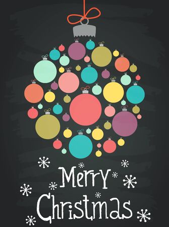 Holiday invitation or greeting card template with christmas bauble made of white christmas balls and hand drawn lettering. Cute winter poster on chalkboard background.のイラスト素材