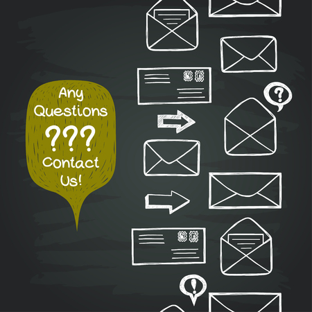 Seamless pattern with hand drawn sketchy letters, envelopes and other mail symbols on chalkboard background. Doodle tiling background and speech bubble for the text.のイラスト素材