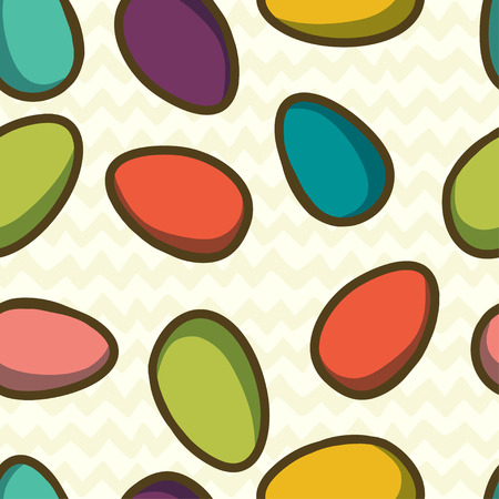 Easter seamless pattern with colorful doodle boiled eggs on doodle chevron backdrop. Hand drawn vector background.のイラスト素材