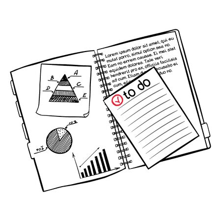 Hand drawn notebook with sticky note paper and quick doodles sketched on them isolated on white background.のイラスト素材