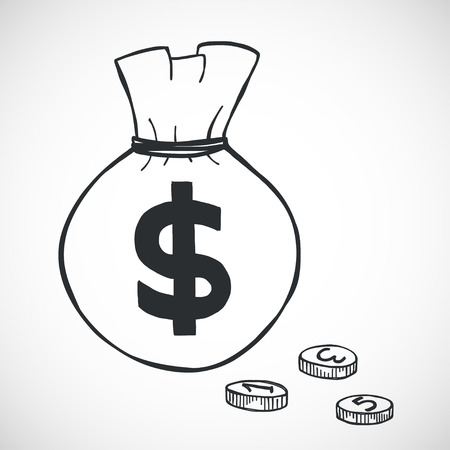 Hand drawn sketchy money bag with dollar sign on it and three doodle coins, isolated on white background.のイラスト素材