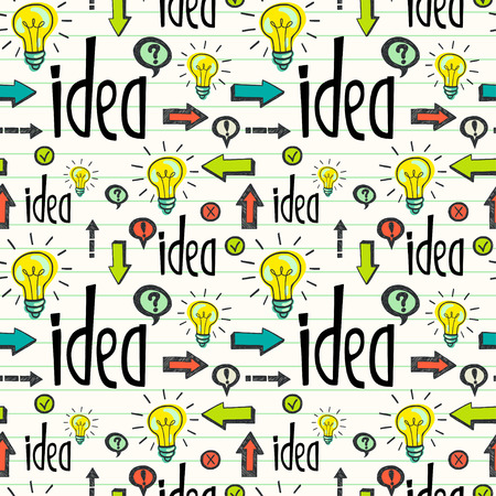Seamless pattern with idea concept. Hand drawn tiling background with doodle light bulb, lettering, arrows and other symbols.のイラスト素材