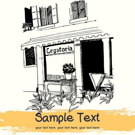 Vector illustration of the small shop on the street of old european town drawn in sketch style on a light yellow background. Venice, Italy.のイラスト素材