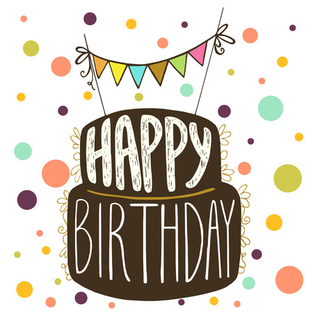 Hand drawn typography poster, greeting card or print invitation with cake silhouette and 'Happy Birthday' hand lettering in it.のイラスト素材