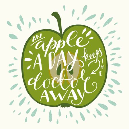 Colorful lettering illustration of 'An apple a day keeps the doctor away' proverb. Motivational quote about health. Can be used as a print on t-shirts, bags, stationary and poster.のイラスト素材