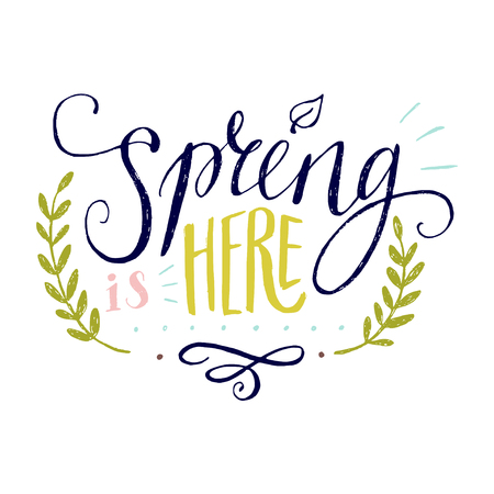 'Spring is here' lettering with decorative elements isolated on white background. Funny typographic design card.のイラスト素材