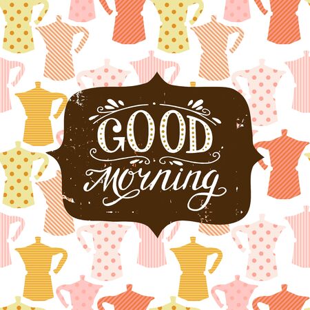 Tiling seamless pattern with colorful coffee maker silhouettes. Hand drawn doodle coffee background with 'Good morning' hand lettering.のイラスト素材