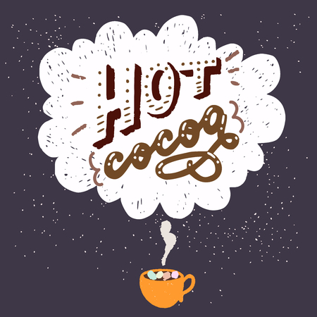 Warm and cozy autumn illustration and âHot Cocoaâ hand lettering. Cute card with doodle cup of hot chocolate with marshmallows and steam above.のイラスト素材