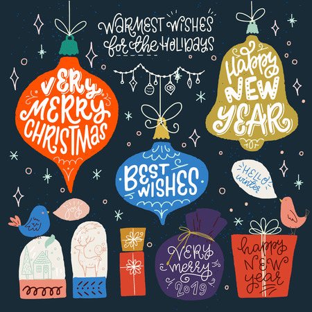 Set of Christmas hand drawn clip art and lettering. New Year cartoon illustrations: xmas baubles, presents, birds and snow globes. Vector holiday phrases and sayings.のイラスト素材
