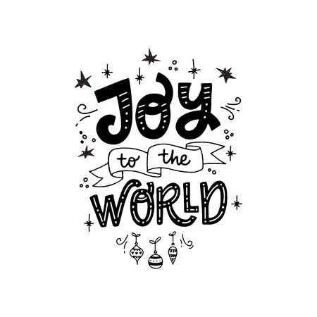 Festive Christmas and New Year hand lettering phrase Joy To The World. Modern lettering for cards, posters, t-shirts, etc. with handdrawn doodle stars. Vector illustration.のイラスト素材