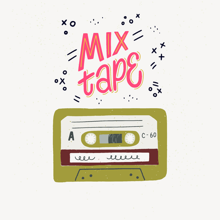 Cartoon style vector illustration with an old school cassette tape and Mix Tape hand lettering. Great design element for sticker, patch or poster. Unique and fun drawing and inscription.のイラスト素材