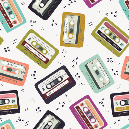 Seamless pattern with hand drawn cassette tapes. Old school tiling background with colorful cartoon mixtapes. 80s - 90s vector illustration.のイラスト素材