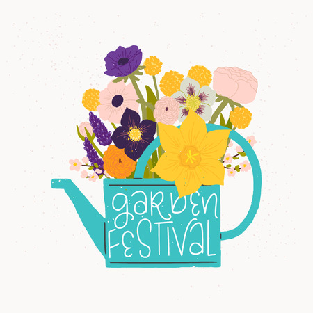 Cartoon style vector illustration of the watering can, bouquet of spring flowers and Garden Festival hand lettering. Great design for sticker, card, poster or merch. Rustic drawing and inscription.のイラスト素材