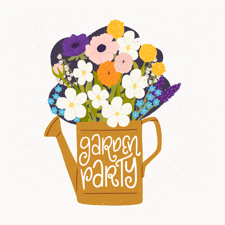 Cartoon style vector illustration of the watering can, bouquet of spring flowers and Garden Party hand lettering. Great design for sticker, card, poster or merch. Rustic drawing and inscription.のイラスト素材