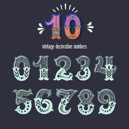 Set of vintage ornate circus style numbers. Hand drawn decorative numerals for birthday invitations, cards, prints, posters, wedding table cards and apparel.のイラスト素材