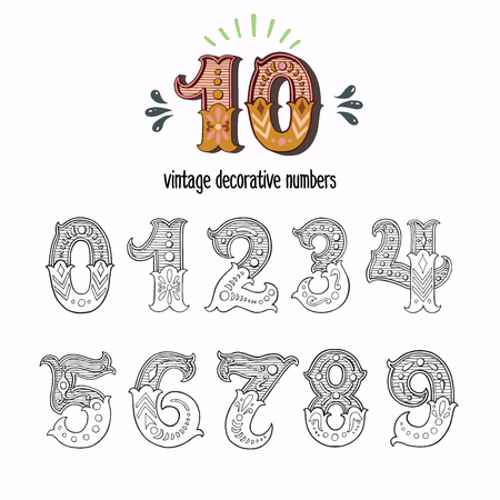 Set of vintage ornate circus style numbers. Hand drawn decorative numerals for birthday invitations, announcement cards, prints, posters, wedding table cards and apparel.のイラスト素材