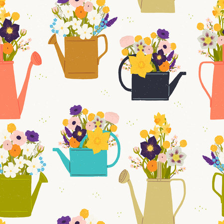 Seamless pattern made of watering cans and bouquets of spring flowers. Rustic flat style drawing. Sketch wrapping paper, textile, seasonal wallpaper for gardening blog or event. Vector illustration.のイラスト素材