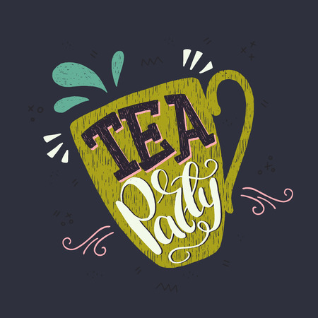 Unique hand lettering quote. Colorful vintage poster with inscription Tea Party, drawn on dark background. Hand drawn vector illustration. Grate card, poster, invitation or merchandise for cafe.のイラスト素材