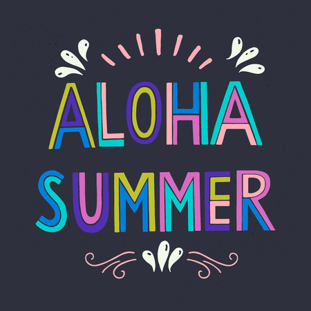 Colorful Aloha Summer hand lettering on dark background. Fun summer typography illustration, can be used as a print for t-shirts, bags, cards and posters.のイラスト素材