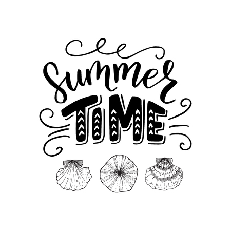Summertime lettering text. Calligraphic inscription surrounded by decorative curls and seashells. Inspirational summer handwriting for a card, cover, apparel, t shirt, sign, logo. Vector illustrationのイラスト素材