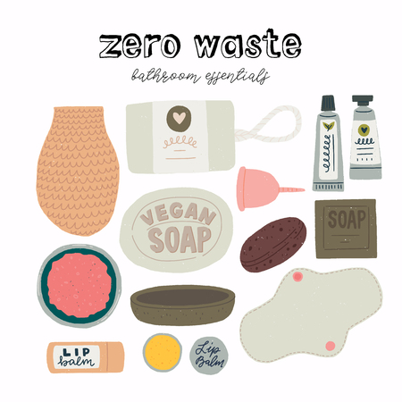 Zero waste bathroom essentials set of flat images . Reusable objects and natural cosmetics to keep environment clean and reduce pollution. Eco lifestyle product icons for shops, store, site. vectorのイラスト素材