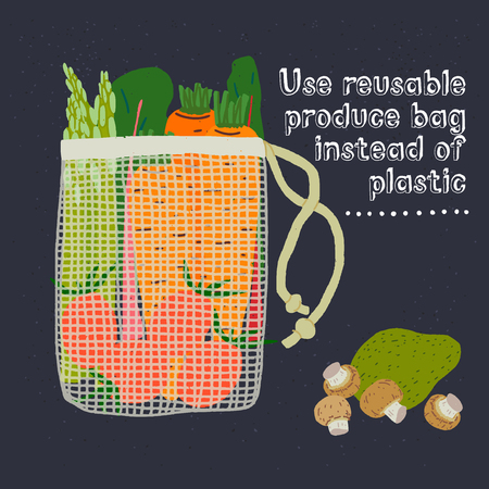 Mesh shopping bag filled out with fresh vegetables and mushrooms with hand drawn lettering Use Reusable Produce Bag Instead of Plastic. Eco lifestyle vector illustration on the dark background.のイラスト素材