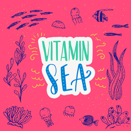 Colourful hand drawn lettering inscription Vitamin Sea with sketched fish, algae, jellyfish on the pink background. Handwritten calligraphic text with submarine life objects. Vector illustrationのイラスト素材