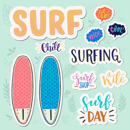 Set of stickers with hand drawn lettering phrases in speech bubbles and white outline with a pair of surfboards. Surfing theme calligraphic and typographic inscriptions on floral background. Vectorのイラスト素材
