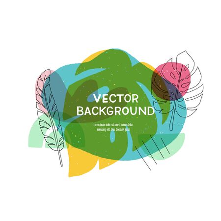 Modern liquid shapes layout with hand drawn elements. Floral motif abstract banner with copy space. Overlapping tropical leaves and simple shapes template for cover, apparel, blog, newsletter, leafletのイラスト素材