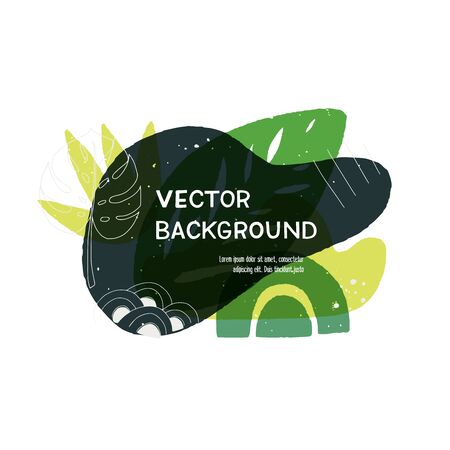 Modern geometric shapes layout with hand drawn elements. Floral motif abstract banner with copy space. Overlapping tropical leaves and simple shapes template for cover, apparel, blog, newsletter, vlogのイラスト素材