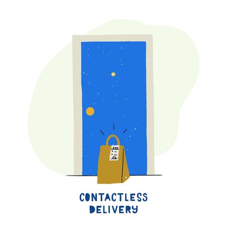Contactless delivery illustration in flat style. Cartoon house entrance with paper bag at the door. Perfect for online shop, courier company, grocery store for quarantine period. Coronavirus measuresのイラスト素材